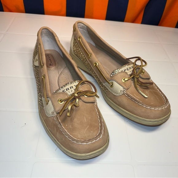 Sperry Top-Sider Classic Boat Shoe 2-Tone Tan W Gold & Sparkling Silver size 10M - Picture 1 of 7